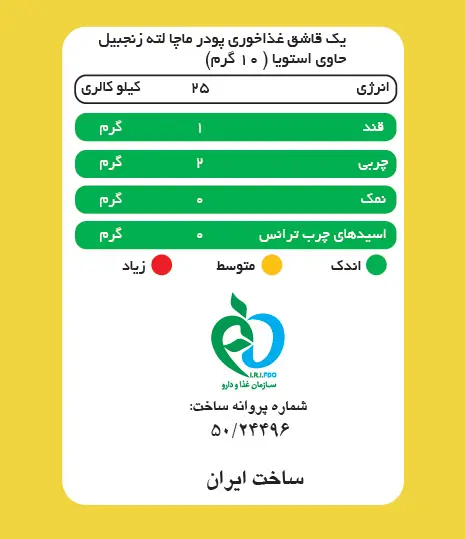 جدول ارزش غذایی ماچا لته زنجبیل پپتینا