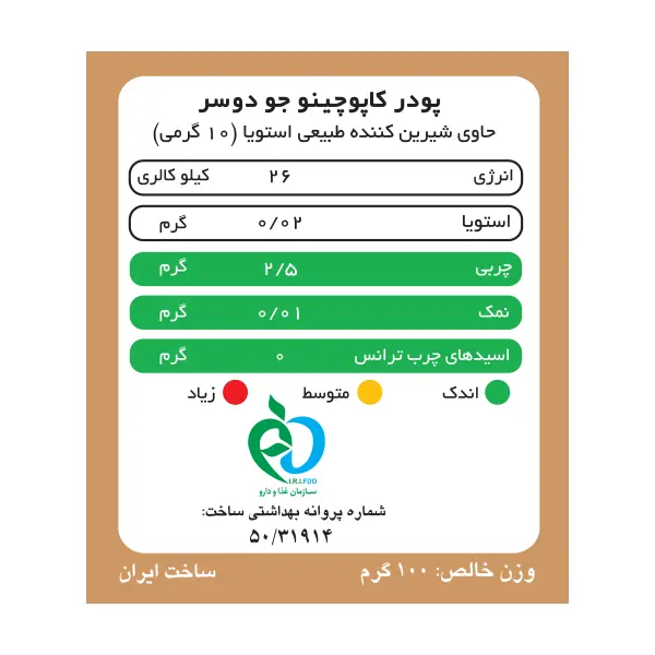 جدول ارزش غذایی کاپوچینو جو دو سر پپتینا