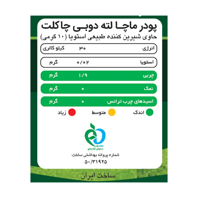 جدول ارزش غذایی ماچا لته دوبی چاکلت پپتینا